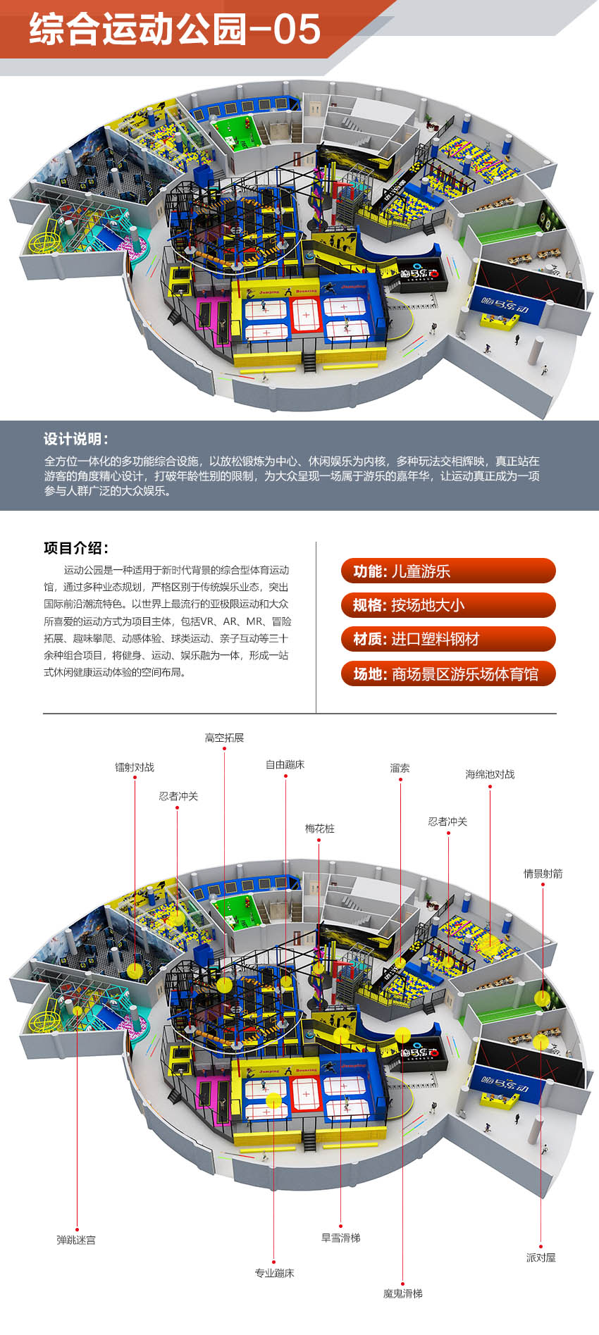 运动公园是一种适用于新时代背景的综合型体育运动馆，通过多种业态规划，严格区别于传统娱乐业态，突出国际前沿潮流特色。以世界上最流行的亚极限运动和大众所喜爱的运动方式为项目主体，包括VR、AR、MR、冒险拓展、趣味攀爬、动感体验、球类运动、亲子互动等三十余种组合项目，将健身、运动、娱乐融为一体，形成一站式休闲健康运动体验的空间布局。