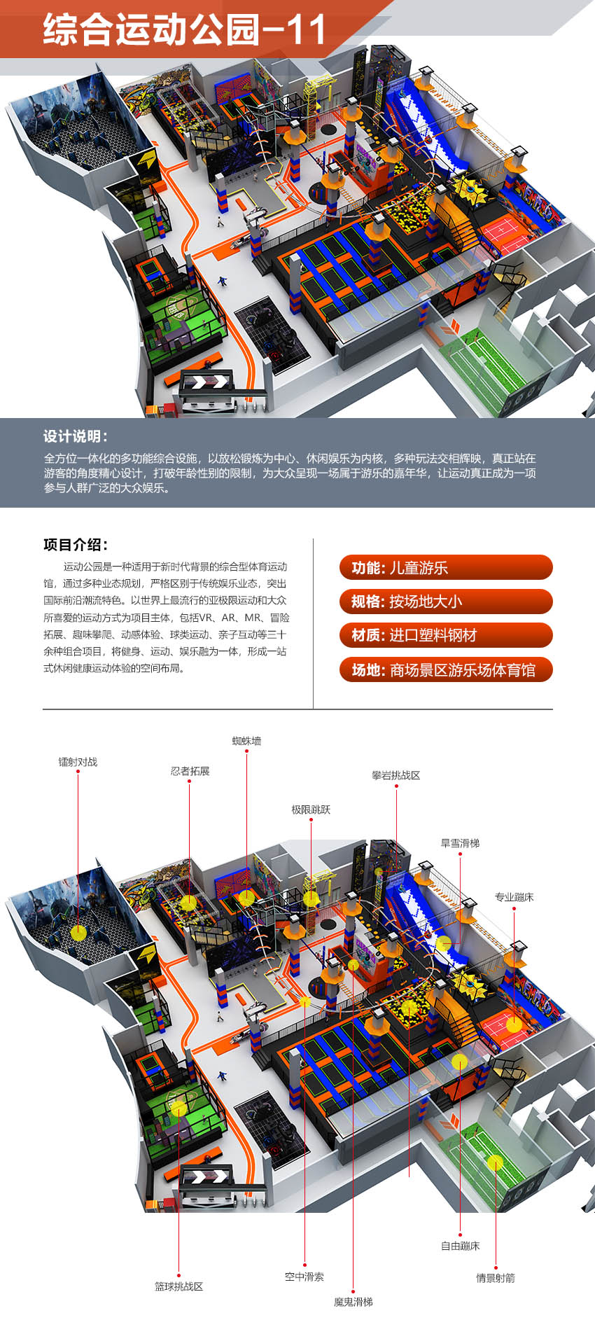 运动公园是一种适用于新时代背景的综合型体育运动馆，通过多种业态规划，严格区别于传统娱乐业态，突出国际前沿潮流特色。以世界上最流行的亚极限运动和大众所喜爱的运动方式为项目主体，包括VR、AR、MR、冒险拓展、趣味攀爬、动感体验、球类运动、亲子互动等三十余种组合项目，将健身、运动、娱乐融为一体，形成一站式休闲健康运动体验的空间布局。